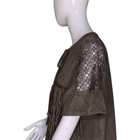 Umgee Fringe Top Short Sleeve Gray Pullover Tie on Neck Size S - Picture 9 of 9